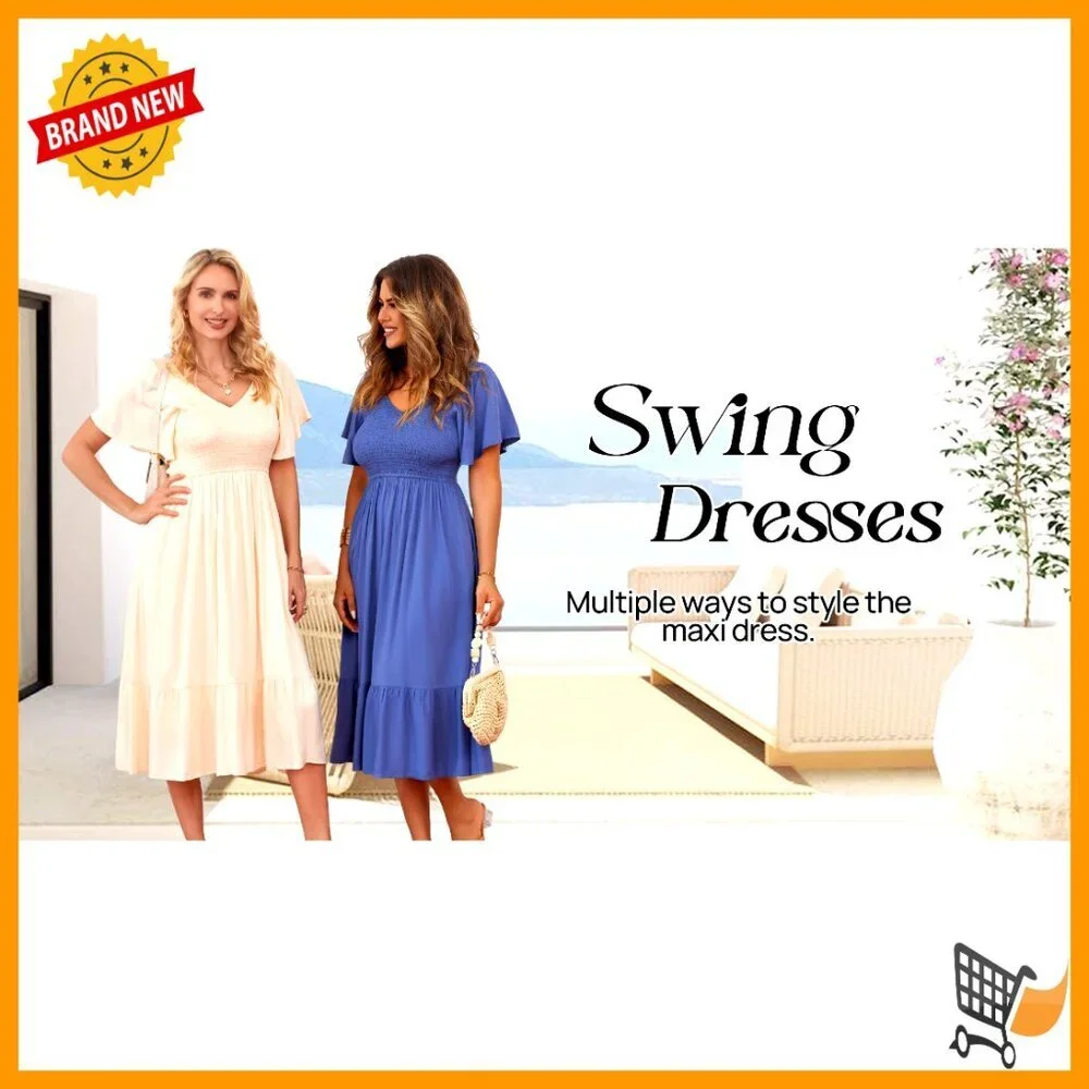 V-Neck Ruffle Sleeve Smocked High Waist Midi Dress with Pockets - Picture 7 of 7